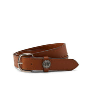 Light brown leather belt with King Ranch branding rolled up in front of white background.