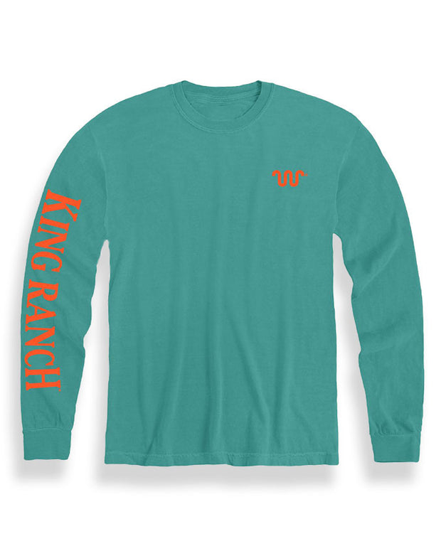 Teal long sleeve shirt with orange King Ranch branding on right sleeve and left chest area.