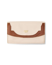 A beige and brown wallet with a flap closure. The wallet has brown trim along the edges and a distinctive gold-colored King Ranch logo in the center of the flap.