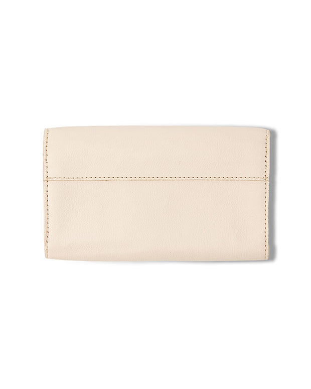 Back view of beige wallet.