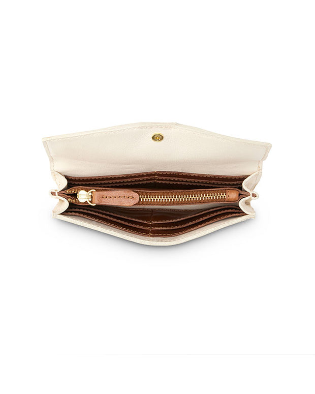 Open view of beige wallet, inside is tan color cards slots and zip coin department on a white background.