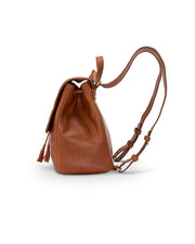 Side view. Tan leather drawstring backpack with two tassels, adjustable straps  on a white background.