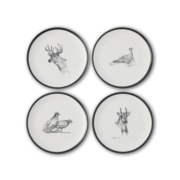 Four plates with various Texas native animals printed on them in sketch artstyle with red "Free Shipping" label in top corner.