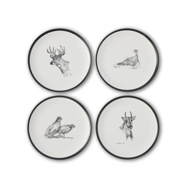 Four plates with various Texas native animals printed on them in sketch artstyle with red "Free Shipping" label in top corner.