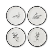Four plates with various Texas native animals printed on them in sketch artstyle.