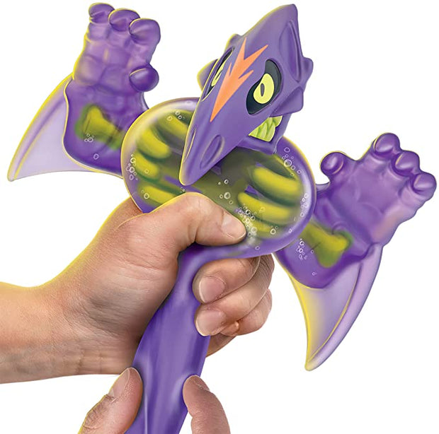 Purple figurine being squeezed and stretched.