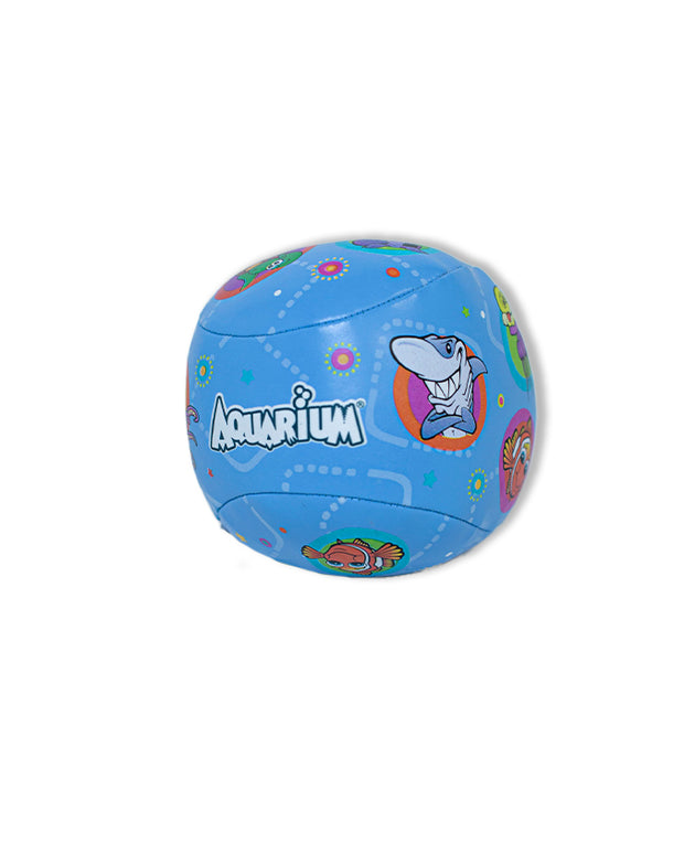 Soft kids baseball blue color, 4 inches in diameter. Has Aquarium brand characters all over its surface pattern. 