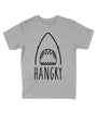 Grey tee with shark face showing the teeth. Under it, reads "Hangry".