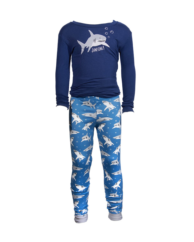 Navy blue long sleeve tee with cartoon shark saying "Jawsome!" and blue joggers with cartoon shark pattern.