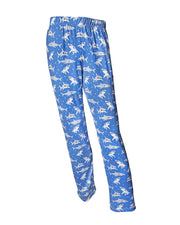 Light blue PJ pants with cartoon shark pattern.