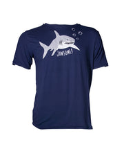 Navy blue tee with cartoon shark saying "Jawsome!" in white font.