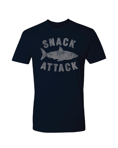 Navy blue tee with grey "Snack Attack" lettering with shark in the middle.
