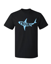 Black tee that has a light blue shark silhouette and the word "trouble" inside of it.