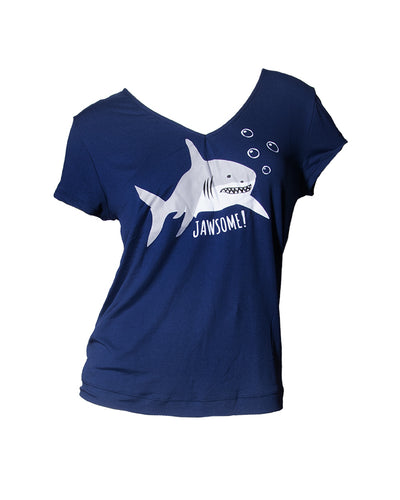 Navy blue v-neck tee with cartoon shark saying "Jawsome!" in white font.