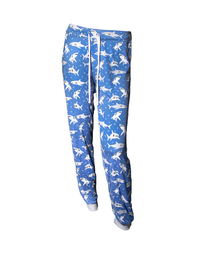 Light blue ladies jogger with cartoon shark pattern and white drawstring.