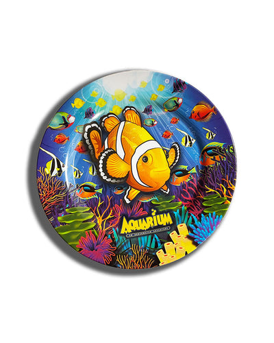 9.75" diameter aquarium-themed plate decorated with yellow, white, and black Clownfish character and vibrant seafloor fauna around it. The plate has the Aquarium logo on the bottom. 