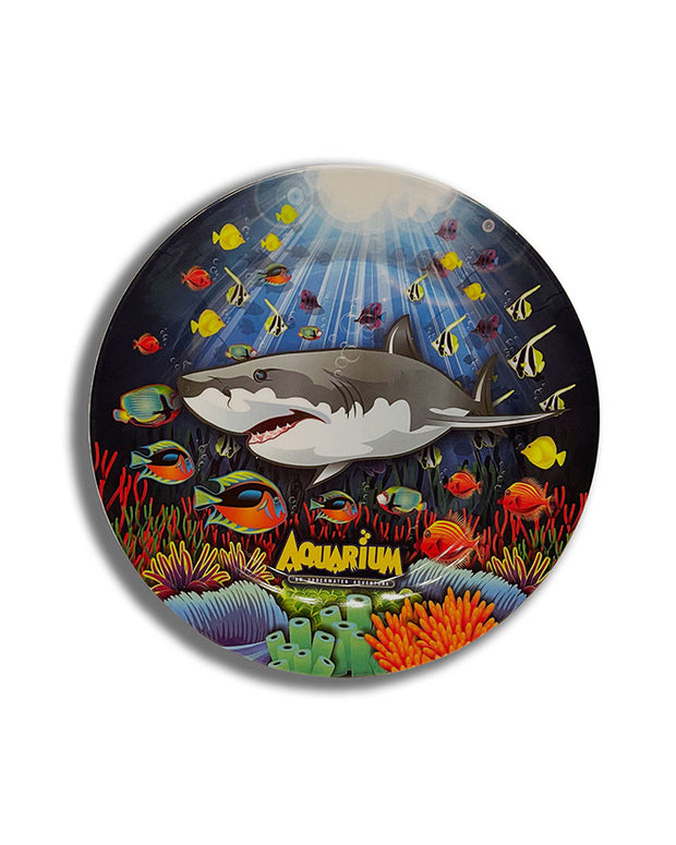 Dark-colored aquarium-themed plate decorated with grey shark and yellow Aquarium logo at the bottom.