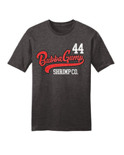 Charcoal tee with the word "Bubba Gump" in a red applique design. In white letters, under reads "Shrimp Co." and in white letters, the number 44 is on top left.