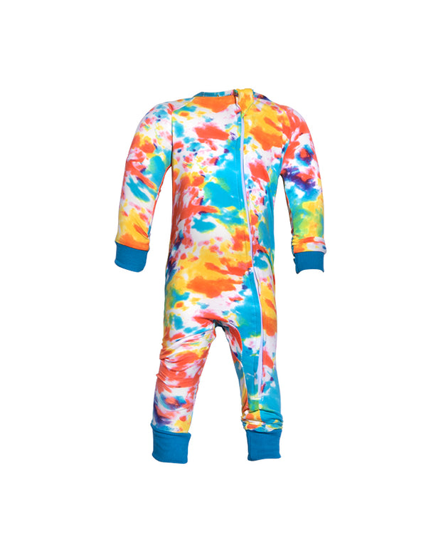 Vibrant tie dye splatter infant romper with blue cuffs on sleeves and pant legs.
