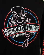 Close-up of the tee front graphics. The graphic has a classic Bubba Gump logo in neon style. 