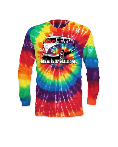 Vibrant tie dye long sleeve tee with white VW van and Bubba Gump Logo in retro font in the middle.