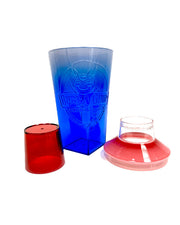 The three parts of the shaker on a white background. Blue cup and tops are red.