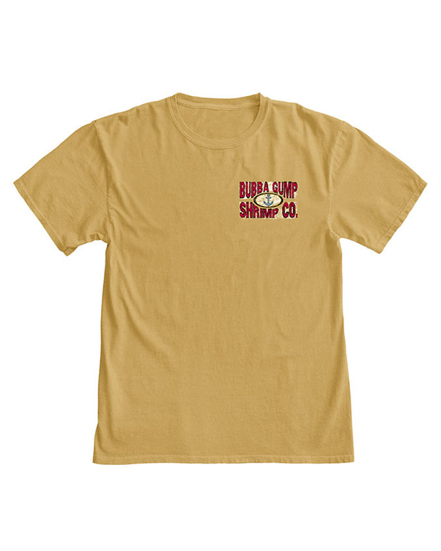 The front of the mustard yellow short sleeve scoop neck tee. Left chest, tiny graphics are on the front of this tee with the words: " Bubba Gump Shrimp Co." in red color. The drawing also has a small blue anchor in the middle of the words on white background. 