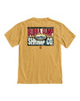 The back side of the Mustard Yellow Short Sleeve Tee has bubba gump and Co. red, blue, and white charcoal drawing design graphics on the bottom of the drawing small red anchor depicted. 