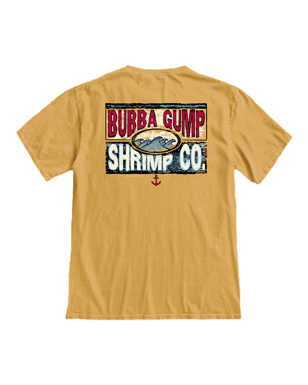 The back side of the Mustard Yellow Short Sleeve Tee has bubba gump and Co. red, blue, and white charcoal drawing design graphics on the bottom of the drawing small red anchor depicted. 