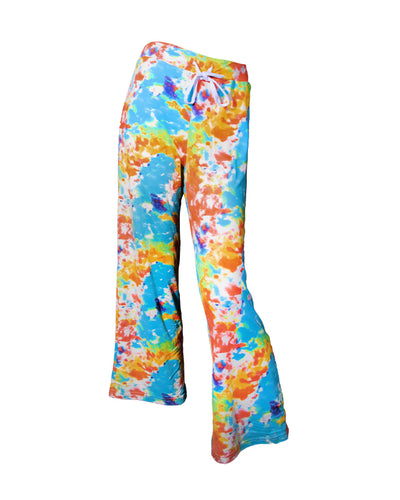 Vibrant tie due splatter pajama pant with a white drawstring and wide pant leg.