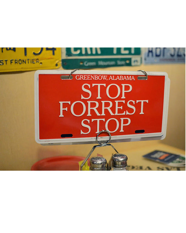 Bubba Gump Red Display License plate, Bubba Gump Stop Forrest Stop, Pictured inside of Bubba Gump