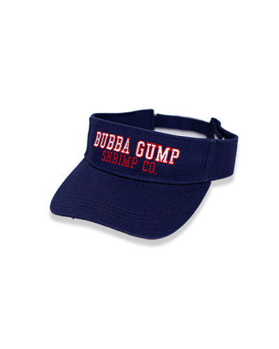 Navy blue visor with Bubba Gump logo embroidered in white and red.