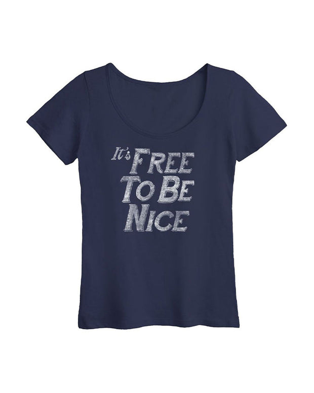 Navy blue tee with white distressed lettering that says "It's Free To Be Nice"
