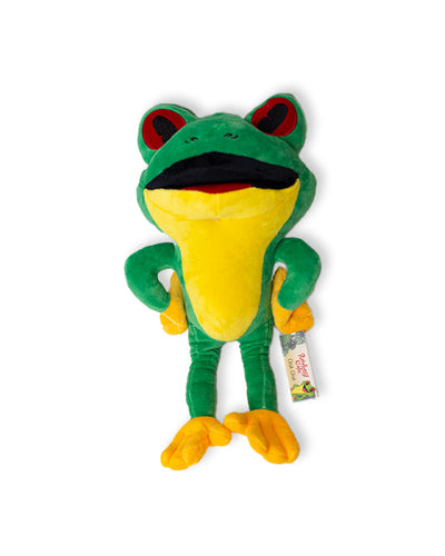 Cha Cha the Frog plush posed to have hands on hips.