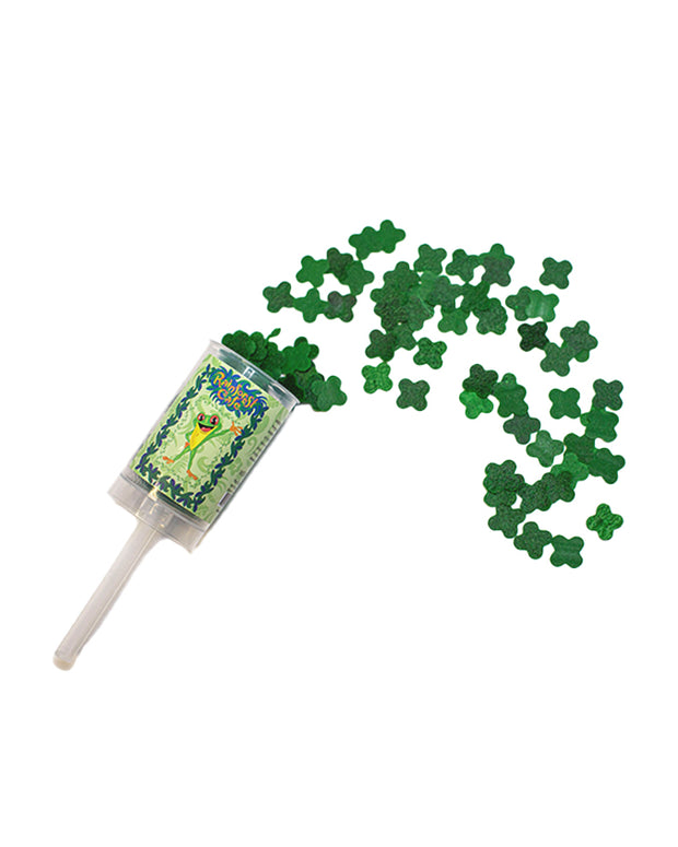 Cha Cha the Frog Push-Pop Confetti in front of white background with green clover confetti popping out.