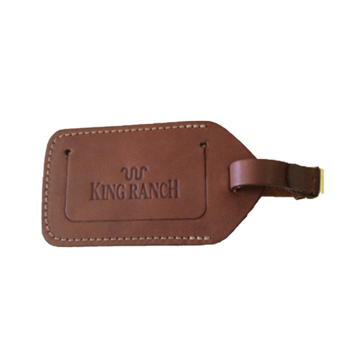 Brown leather luggage tag with King Ranch branding.