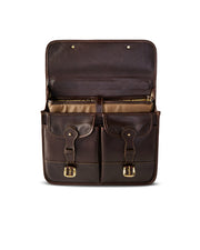 Briefcase shown open showing multiple compartments and pockets, featuring prominent buckles on the front for closure.