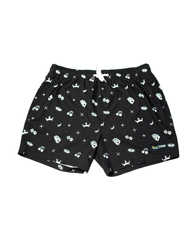 Black swim trunks with crown, cherry, dice, and sparkle white icons and white drawstring.
