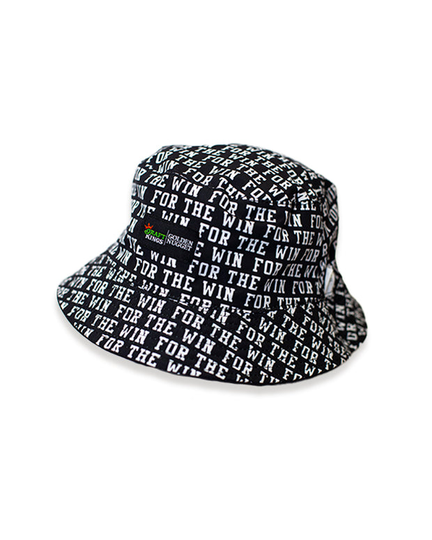 Black bucket hat with white "For The Win" wording pattern and black Draft Kings/Golden Nugget label stitched onto the front.