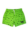 Neon green swim trunks with crown, cherry, banana, dice, and sparkle white icons and white drawstring.