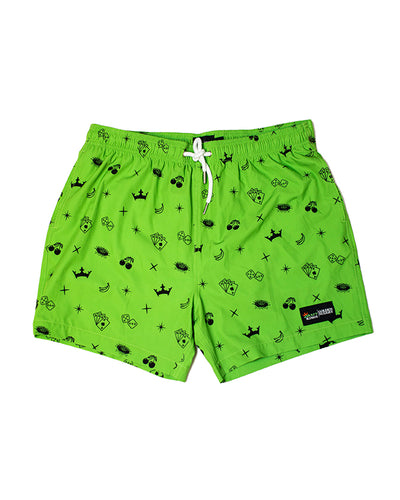 Neon green swim trunks with crown, cherry, banana, dice, and sparkle white icons and white drawstring.