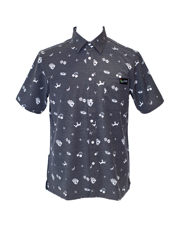 Dark grey collared shirt with white icon pattern in front of white background.