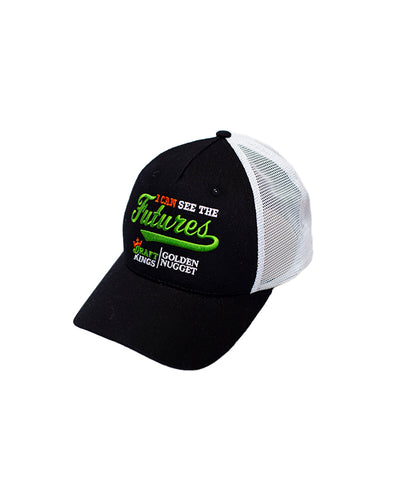 Black cap that has "I Can See The Futures" embroidered in orange, green, and white with mesh back and Draft Kings/Golden Nugget branding.