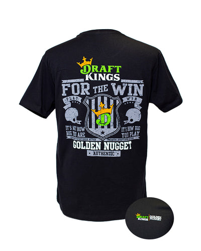 Back of tee with grey wording saying "For The Win" with football helmets and flag designs and Draft Kings/Golden Nugget branding.