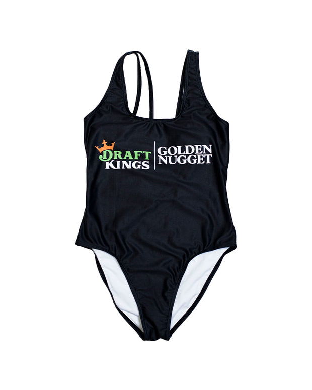 Black one piece swimsuit with Draft Kings/Golden Nugget logo on chest area.