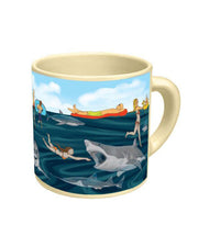 Joe's Crab Shack Disappearing Shark Mug, Cofee mug, Joe's Crab Shack disappearing shark coffee mug, cofee mug with sharks and people swimming in ocean