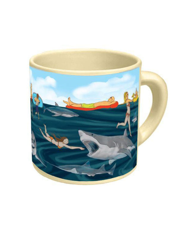 Joe's Crab Shack Disappearing Shark Mug, Cofee mug, Joe's Crab Shack disappearing shark coffee mug, cofee mug with sharks and people swimming in ocean