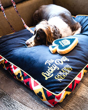 brown and white dog laying on top dog bed with the ace squeaky toy next to it. the dog bed has the words "The Lucky Dog Golden Nugget" on the bottom left corner. the side lining has all card suits.
