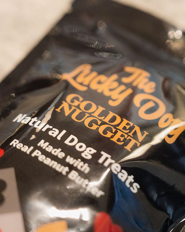 Close up of Golden Nugget dog treat bag.