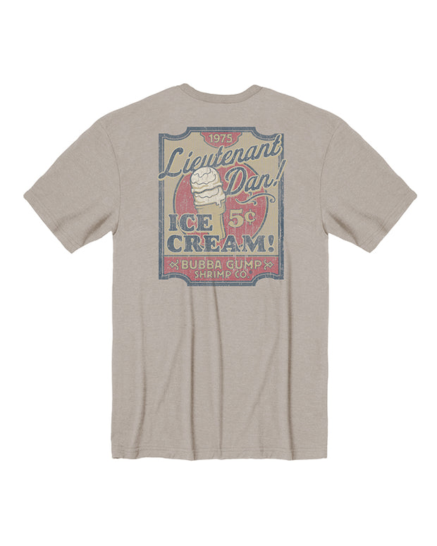 Beige short sleeve t-shirt with retro graphics on the back, resembling a rectangular vintage sign in muted mustard and red colors. The sign features an ice cream cone with the price of "5c" and the text "Lieutenant Dan" on top